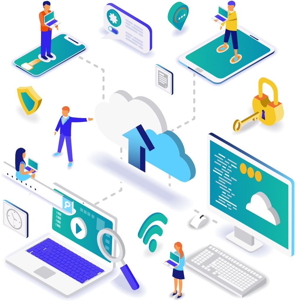 Image of different devices being used within a cloud environement